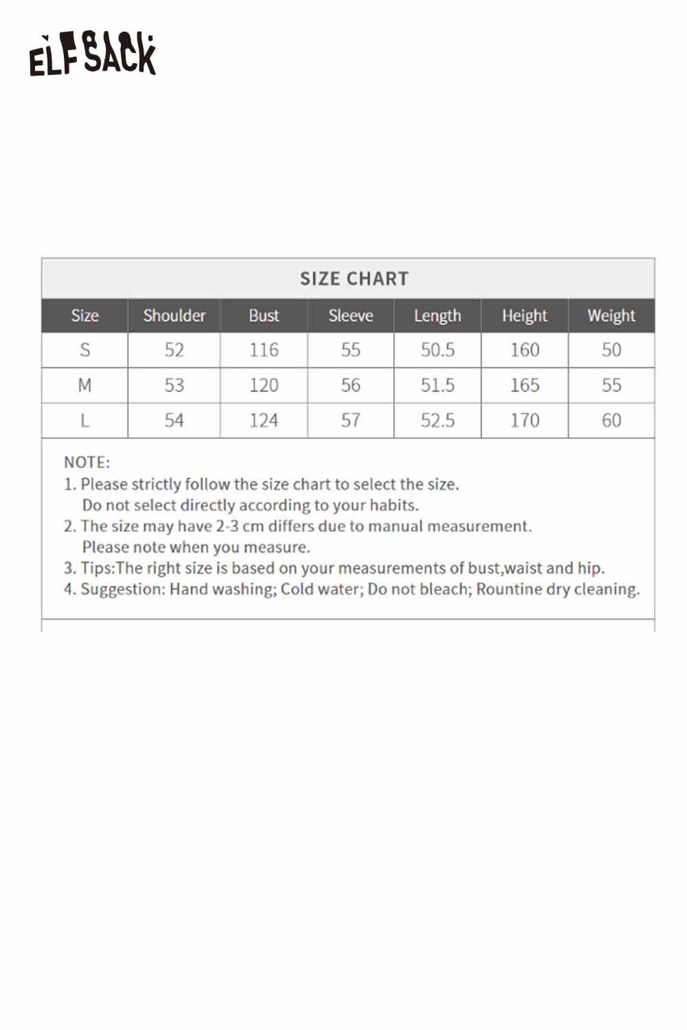 Size chart for ELFSACK cropped knit sweater for women with measurements for S, M, and L sizes