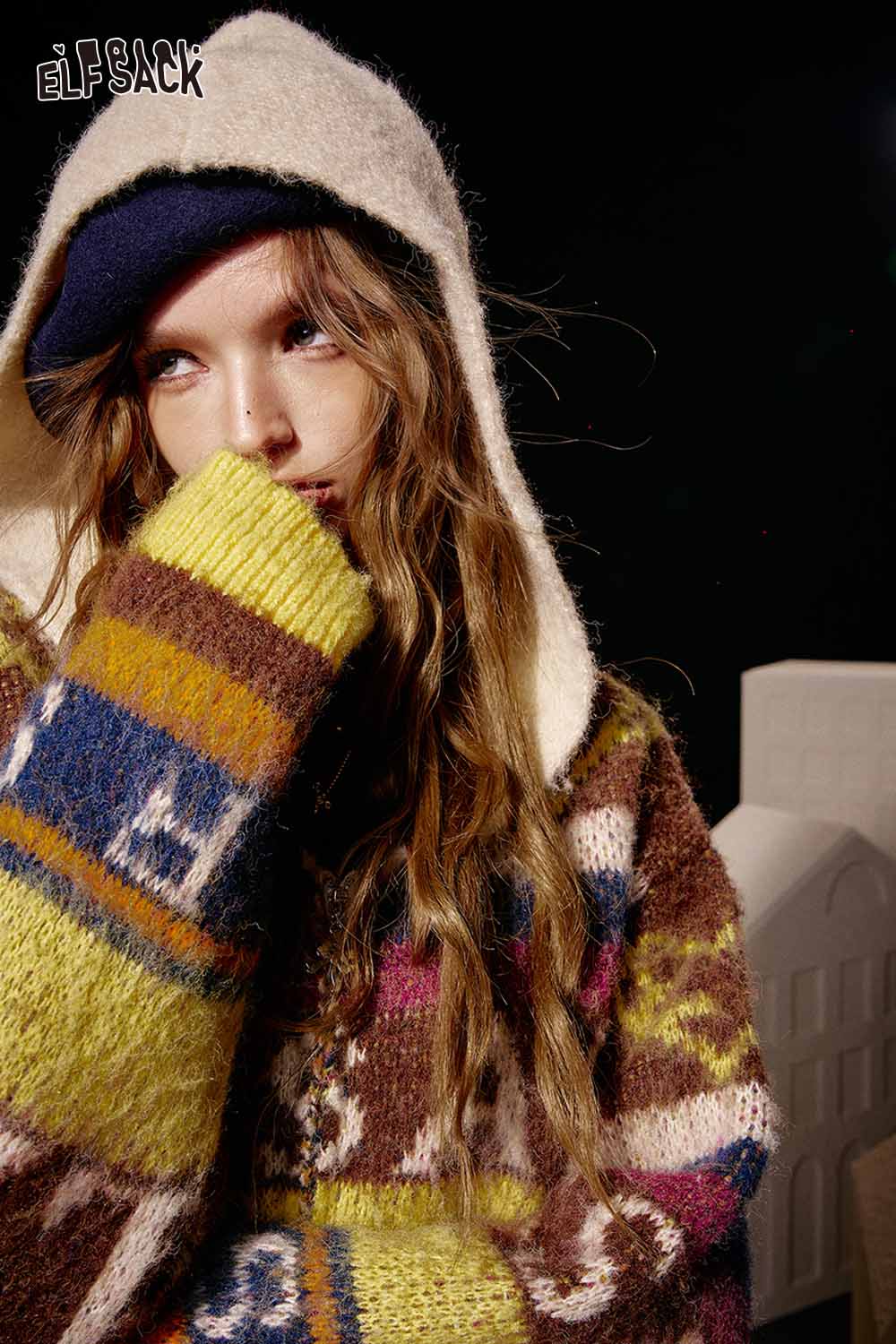 ELFSACK cropped knit sweater for women featuring a colorful pattern and hood for a cozy look