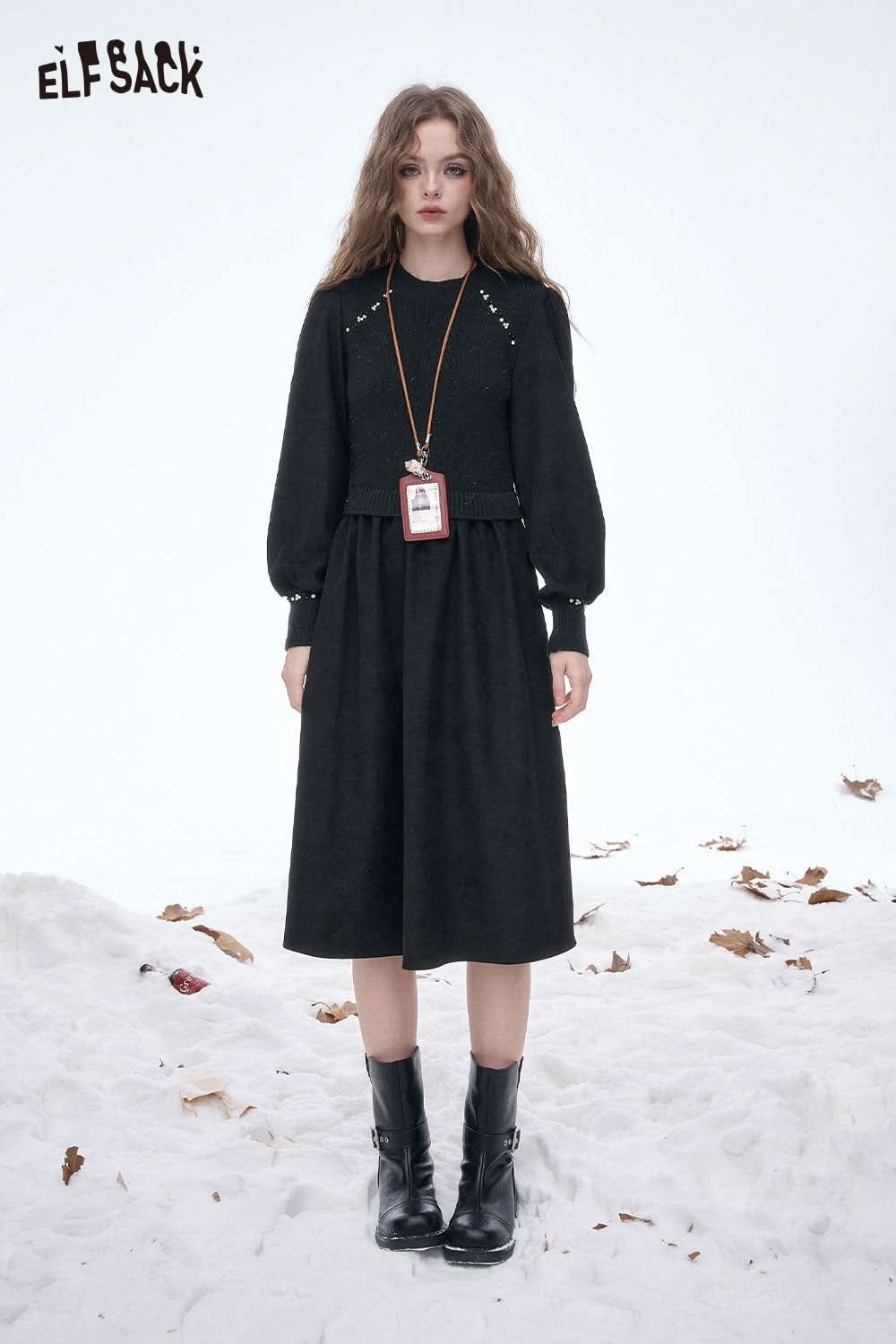 ELFSACK crystal accent midi dress in black with balloon sleeves and a fitted waist, perfect for stylish winter outings