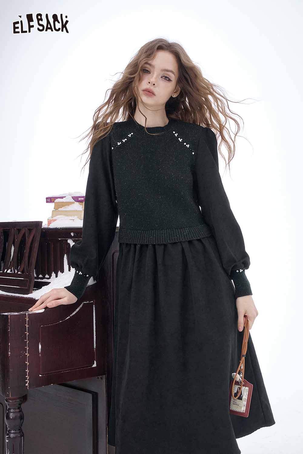 ELFSACK crystal accent midi dress with long sleeves and elegant black design