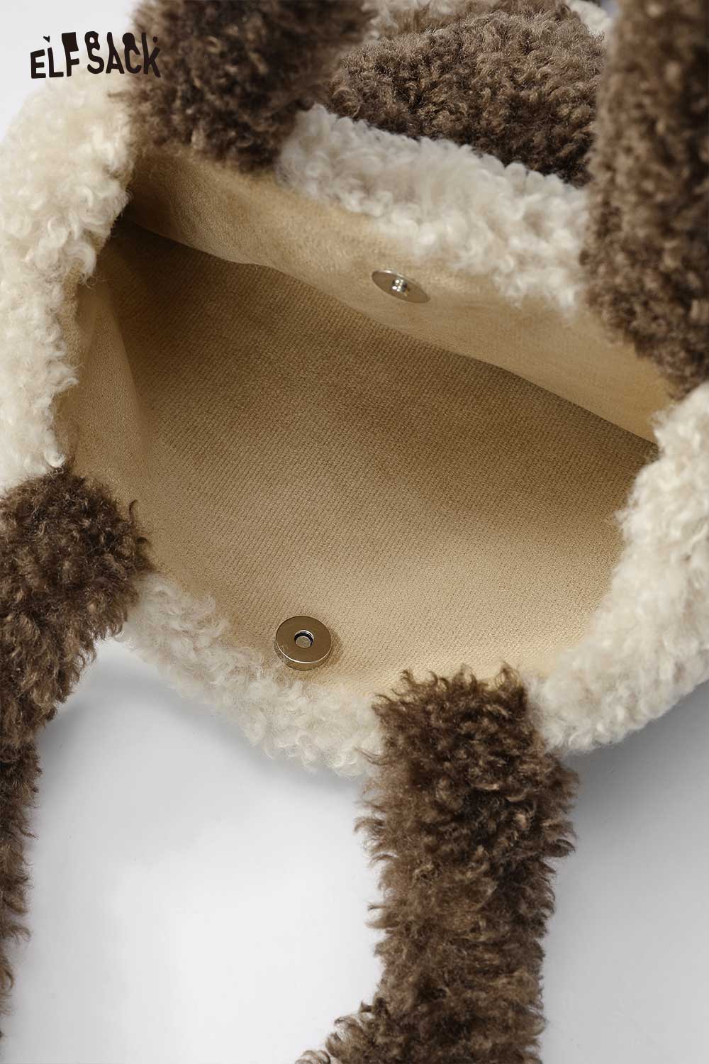 Inside view of cute 3D bear shoulder bag with soft lining and button closure