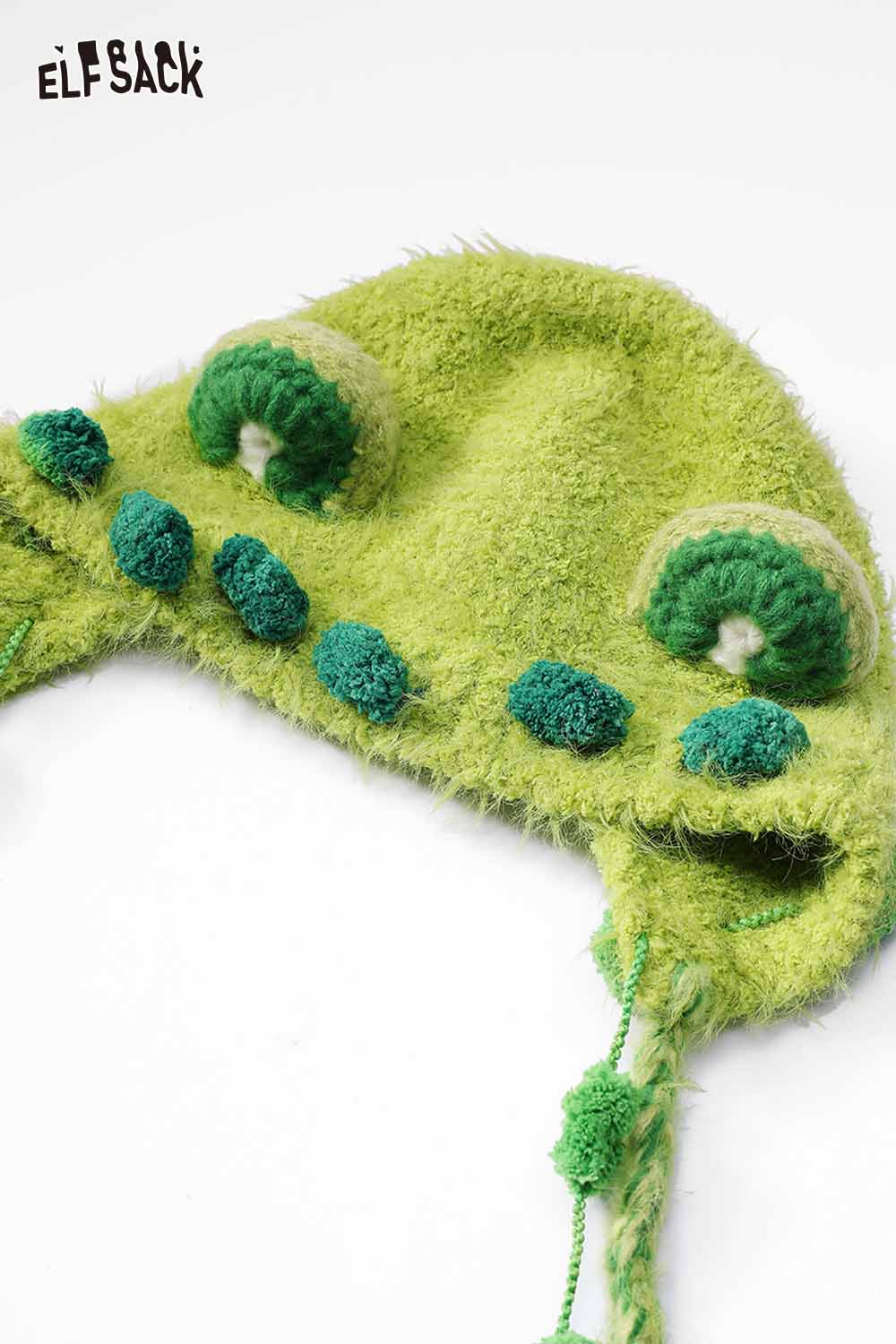 Cute 3D ear beanie hat in vibrant green with playful pom-pom details for fun winter wear