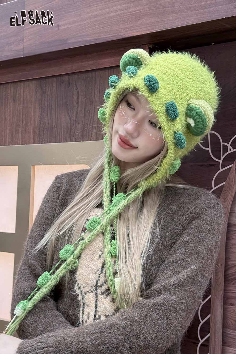 ELFSACK cute 3D ear beanie hat in green with playful pom-pom accents for a fun winter look