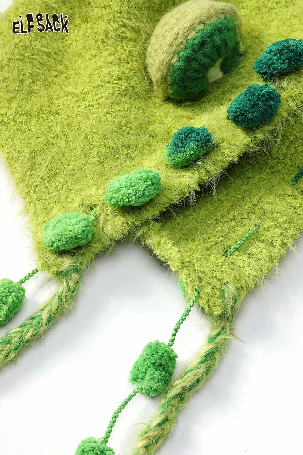 ELFSACK cute 3D ear beanie hat in vibrant green with pom-pom details and braided ties