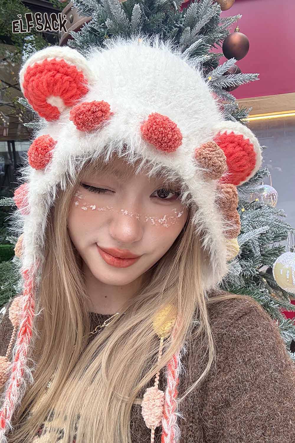 ELFSACK cute 3D ear beanie hat with colorful pom-poms and tassels for stylish winter warmth
