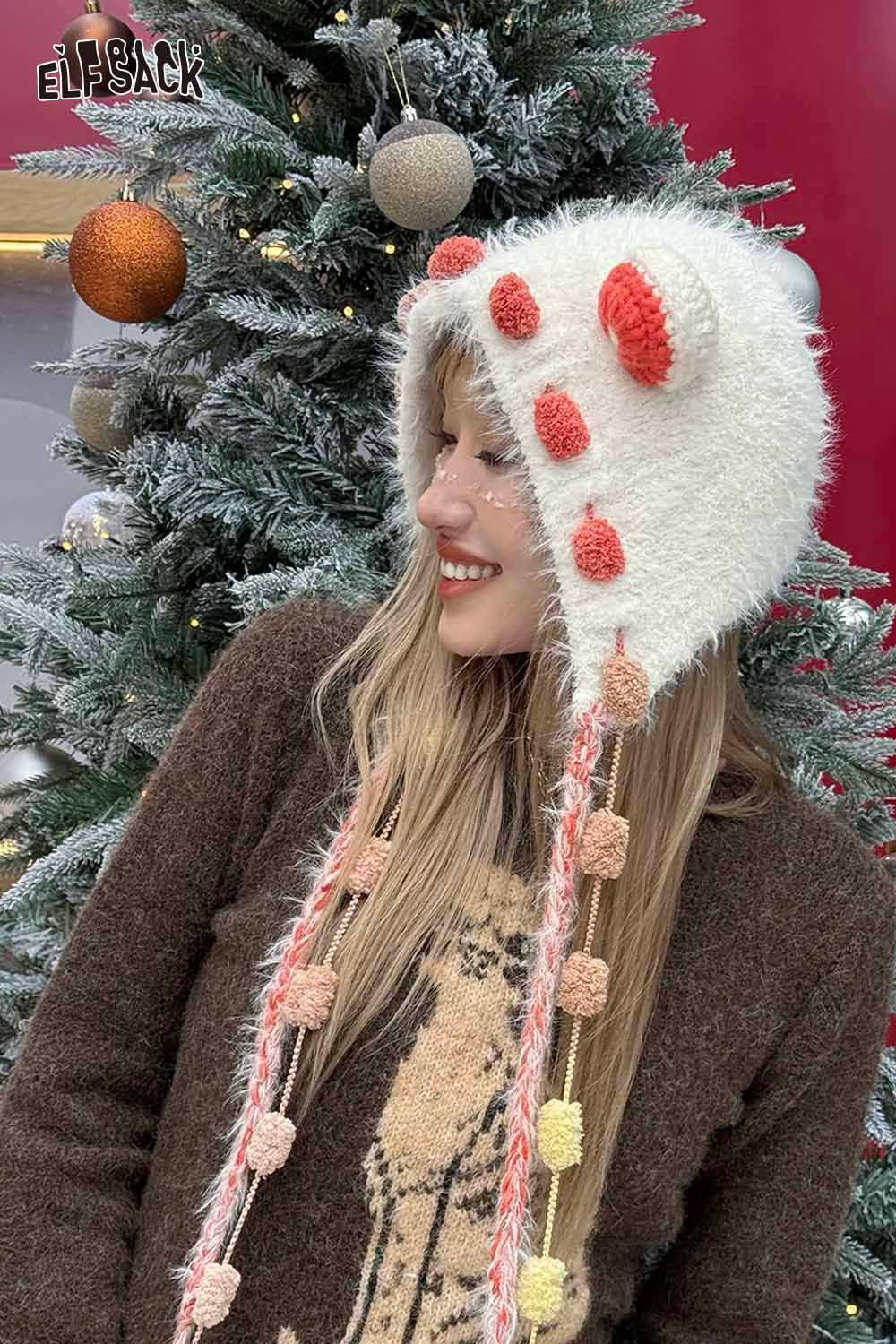 ELFSACK cute 3D ear beanie hat with colorful pom-poms for a playful winter look
