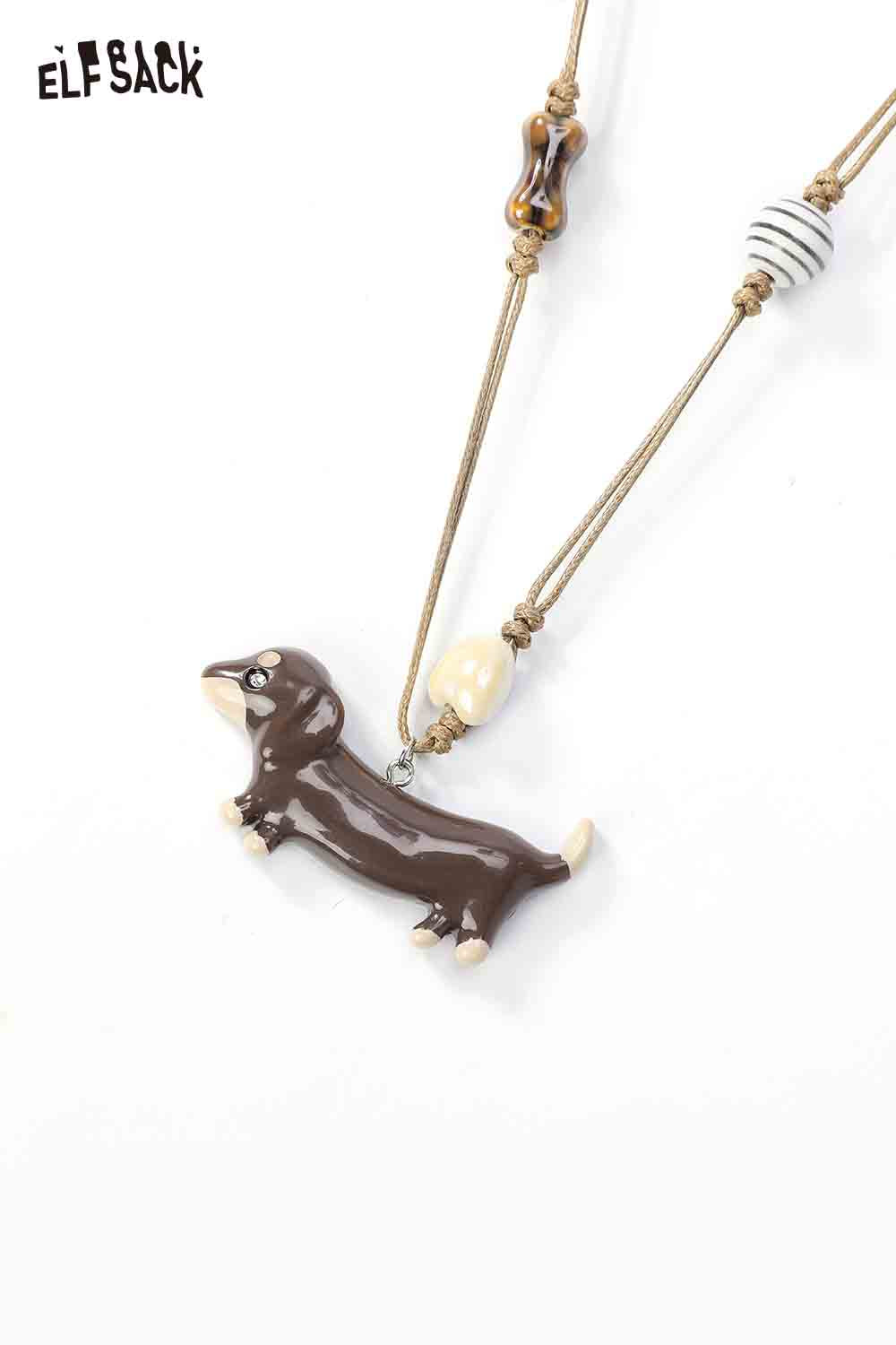 ELFSACK cute dog pendant necklace featuring a charming dachshund design with decorative beads