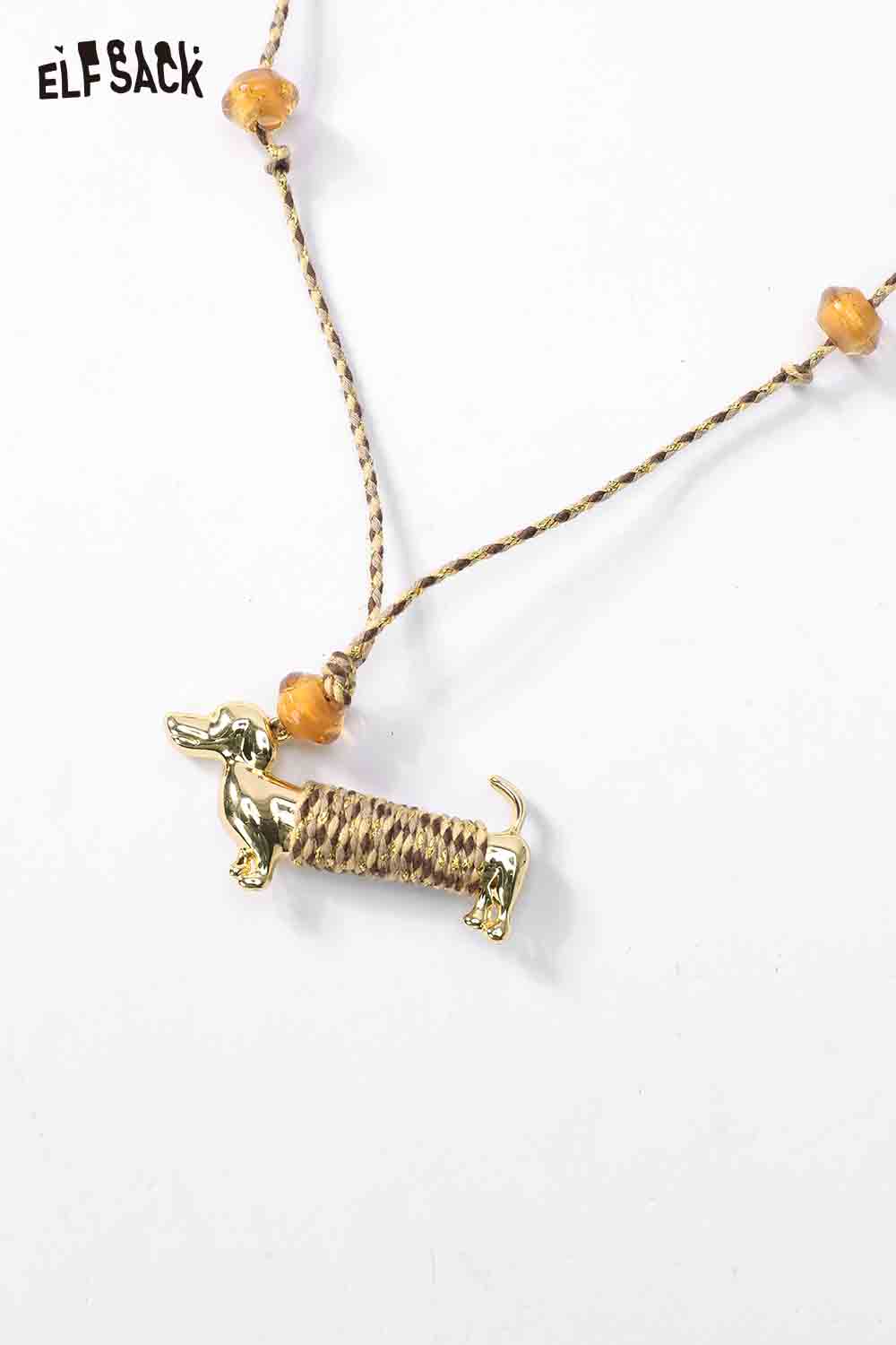 ELFSACK cute dog pendant necklace featuring a gold dachshund charm on a braided cord
