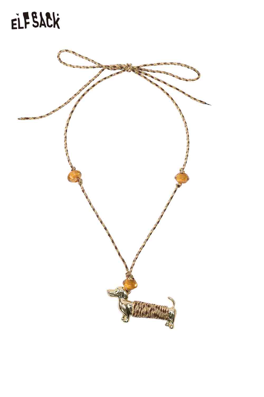 ELFSACK cute dog pendant necklace with a woven design and decorative beads on a braided cord