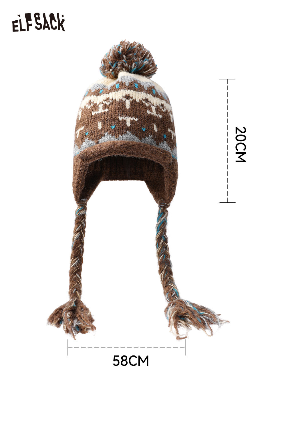 Cute Fair Isle knit beanie in brown with braided tassels and pom pom for winter warmth