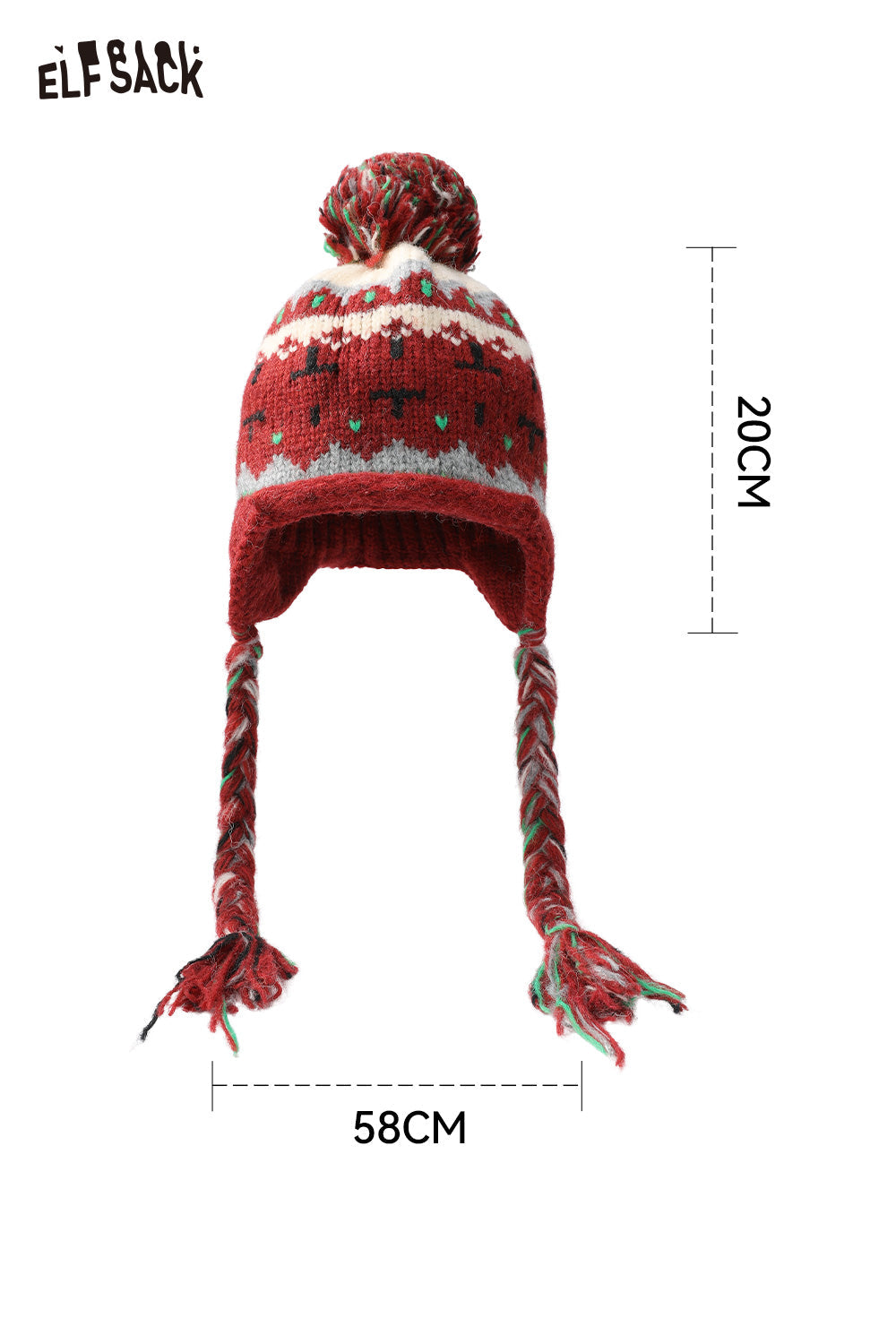 Cute Fair Isle knit beanie in red with braided tassels and festive pattern for winter style