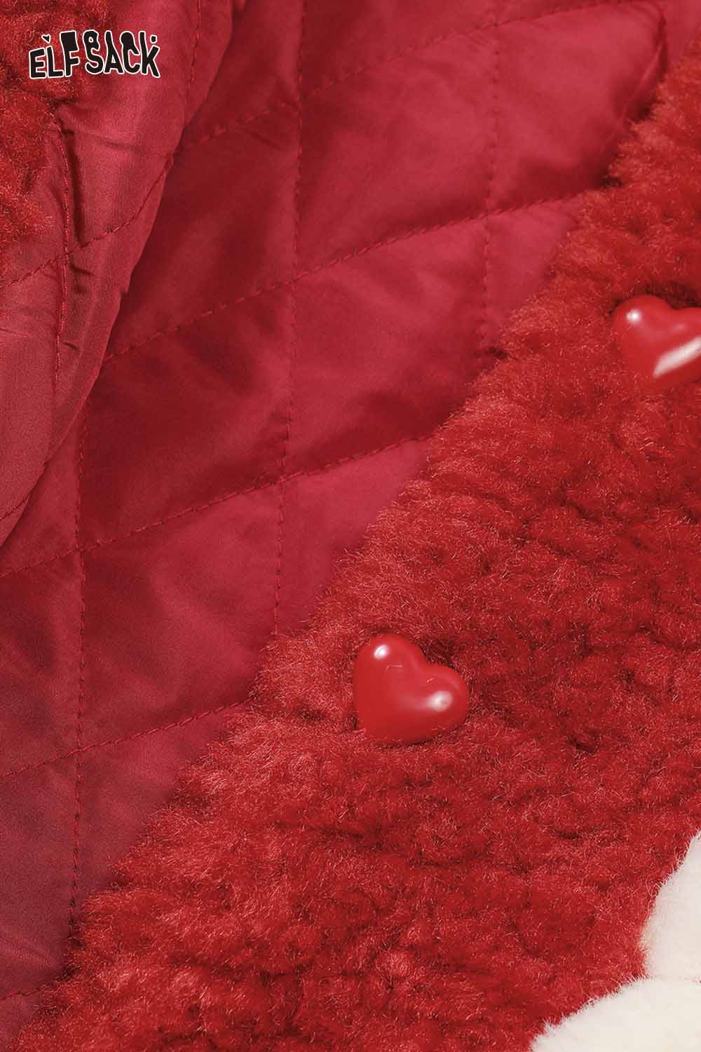 Inside view of a cute faux wool jacket for women by ELFSACK featuring plush fabric and heart-shaped buttons