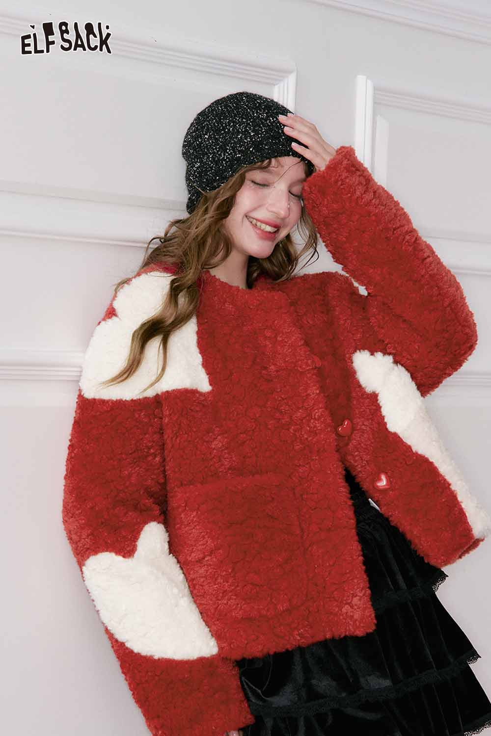 Cute faux wool jacket for women by ELFSACK in red with heart patterns and relaxed fit