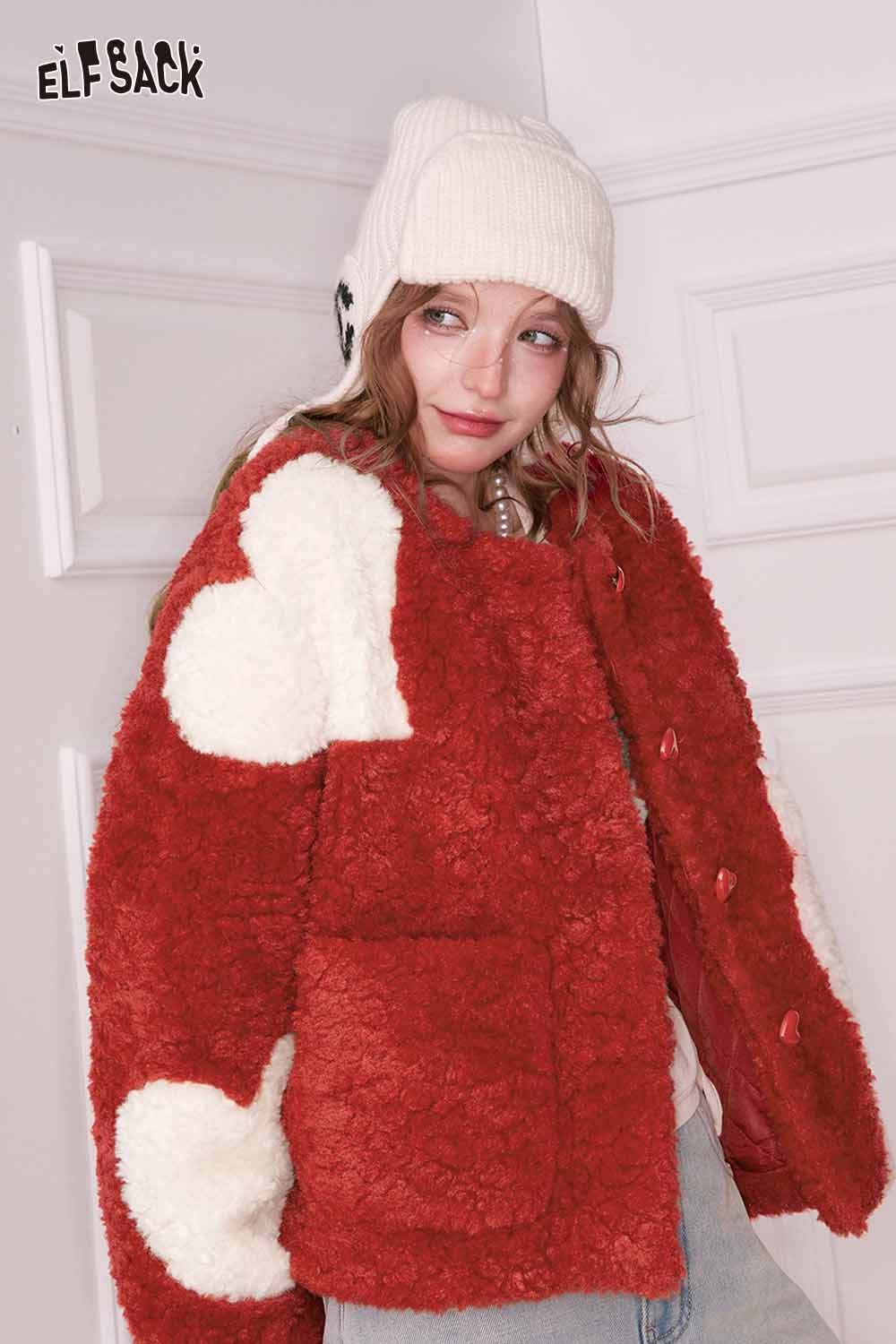 ELFSACK cute faux wool jacket for women in red with white heart patterns and a stylish design