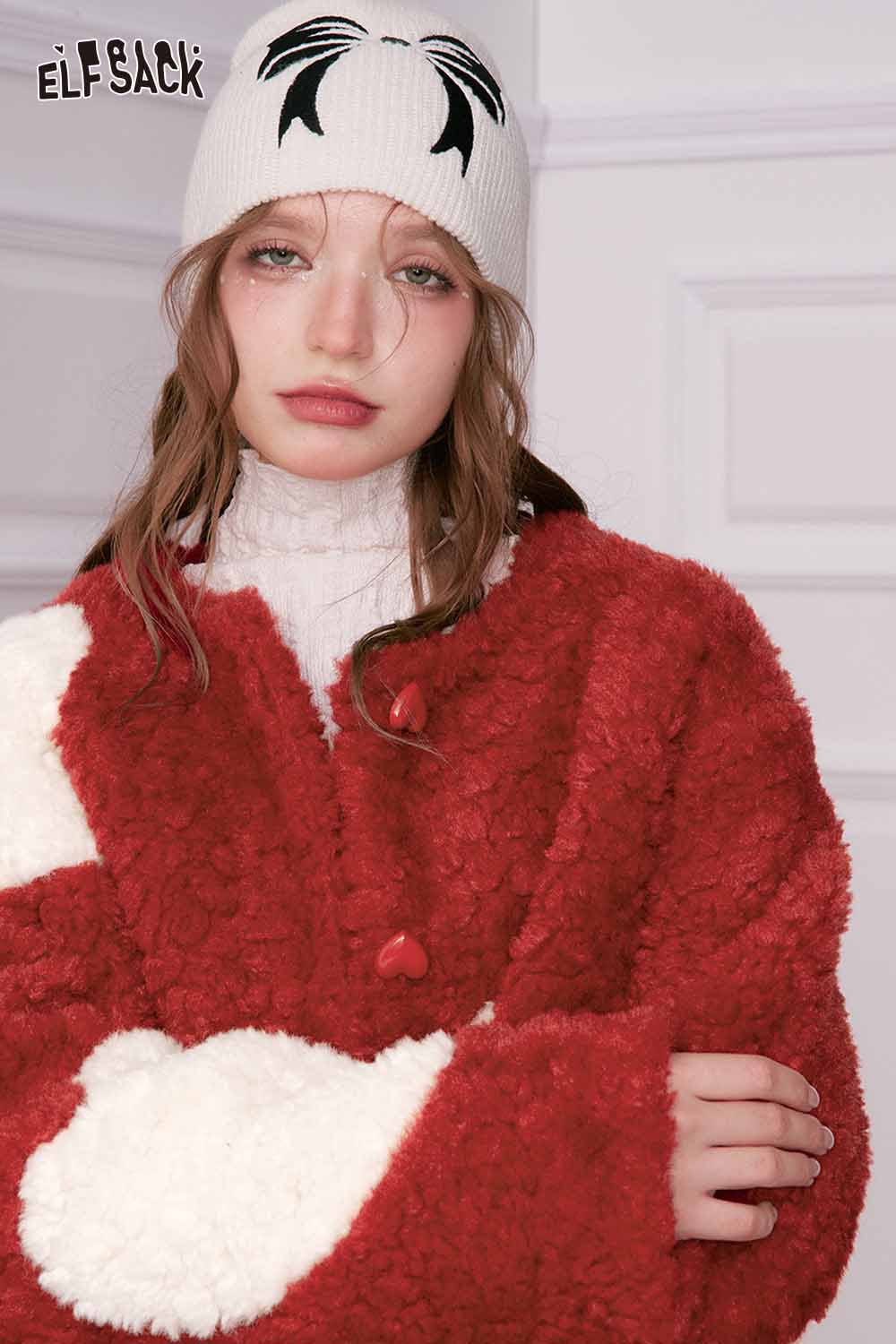 Cute faux wool jacket for women in red with white accents, perfect for stylish winter outfits