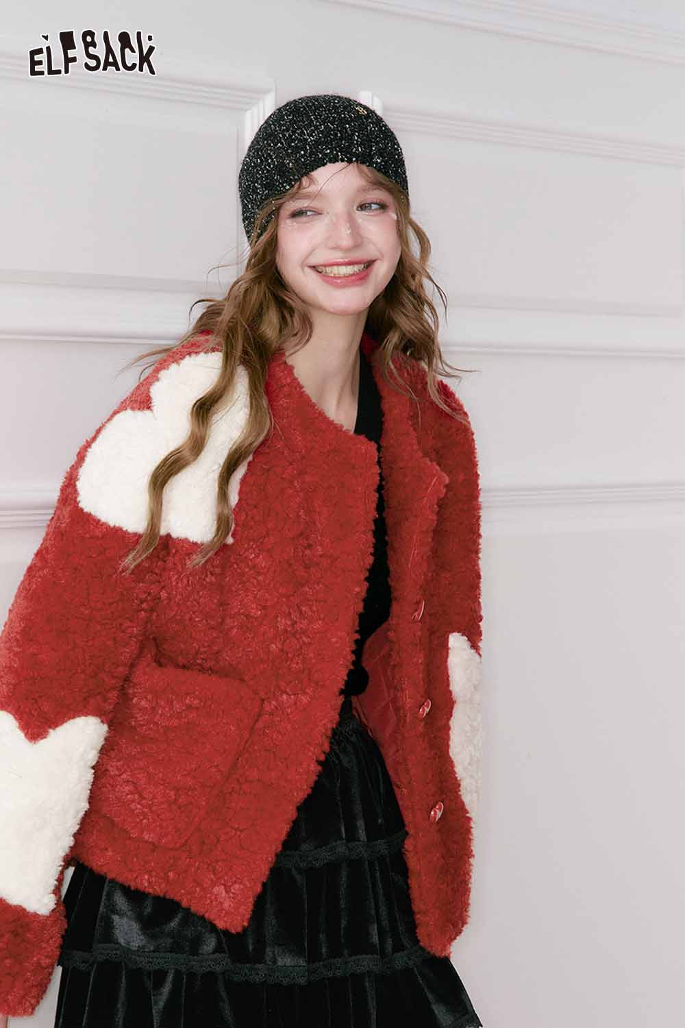 Cute faux wool jacket for women in red with white heart details by ELFSACK