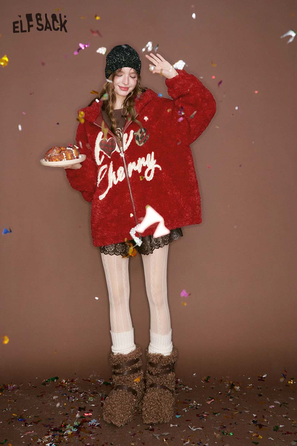 Cute heart embroidery faux wool jacket from ELFSACK in vibrant red with cozy design and playful details