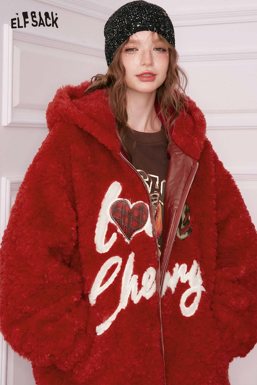 ELFSACK cute heart embroidery faux wool jacket in vibrant red with soft fleece texture