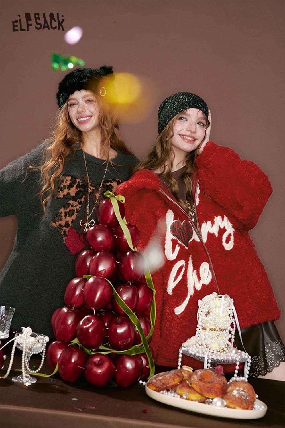 Two women wearing ELFSACK jackets, including a cute heart embroidery faux wool jacket with vibrant colors