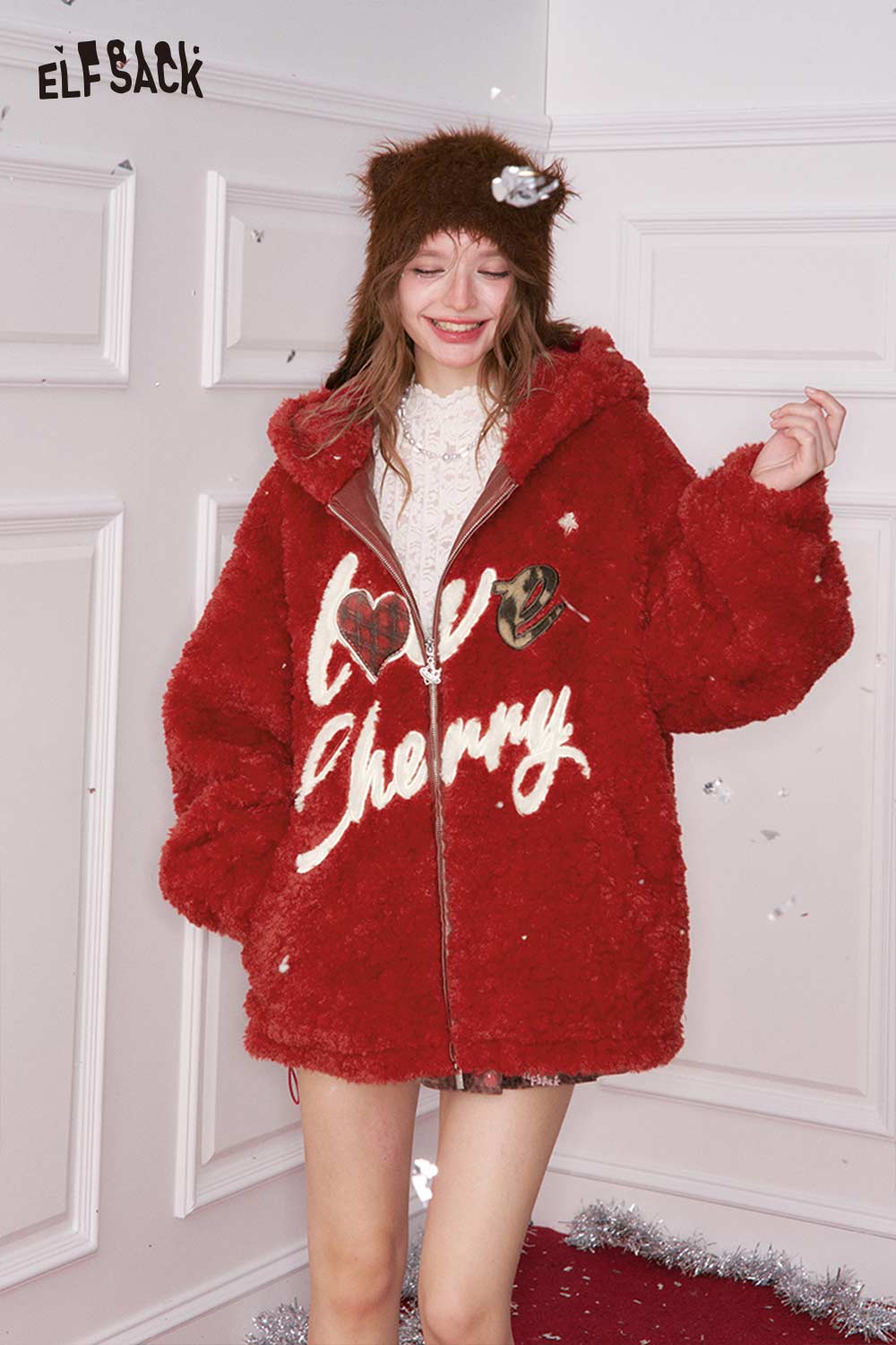 Cute heart embroidery faux wool jacket from ELFSACK with a cozy red design and oversized fit