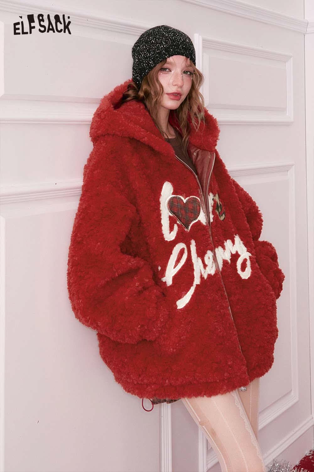 Cute heart embroidery faux wool jacket by ELFSACK in vibrant red, featuring a cozy oversized design.