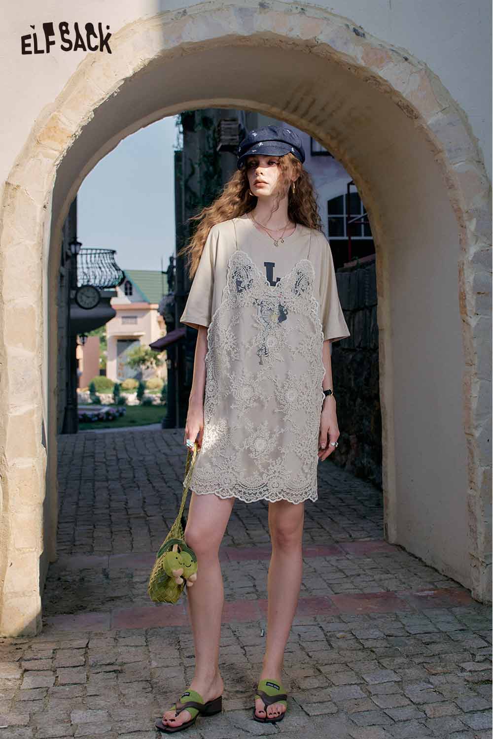 beige t shirt dress Cute Lace Overlay – ELFSACK Silquee Elegant Sexy Women's Wearable all season long women-malteseblue Color:Brick Red （As Picture)