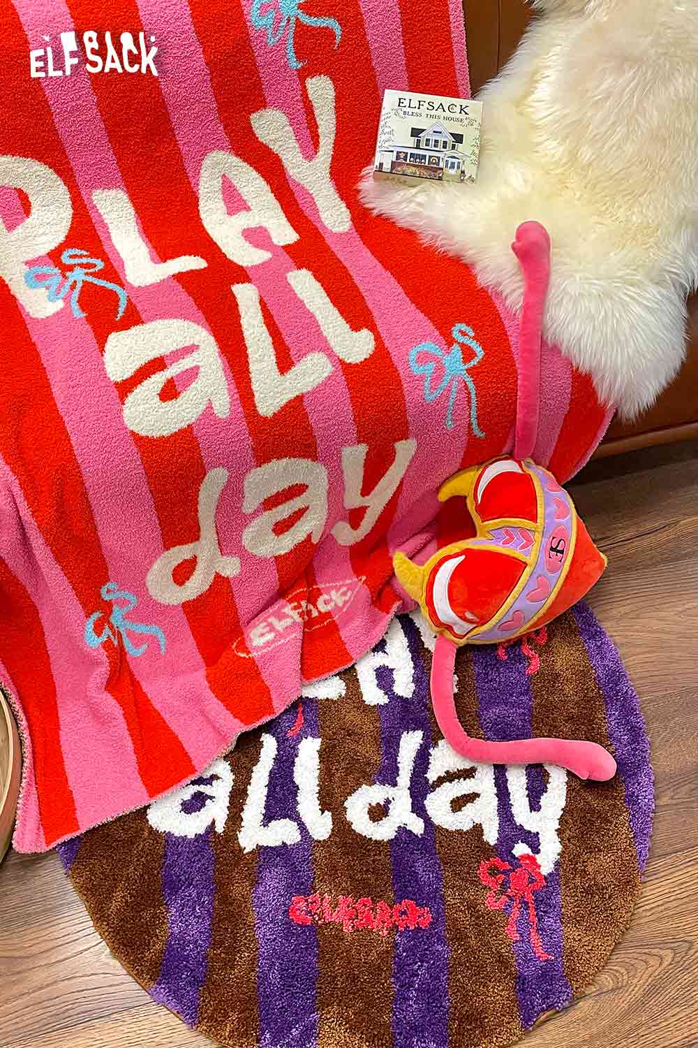 Cute round striped rug with playful text and bright colors for children's rooms or playful decor