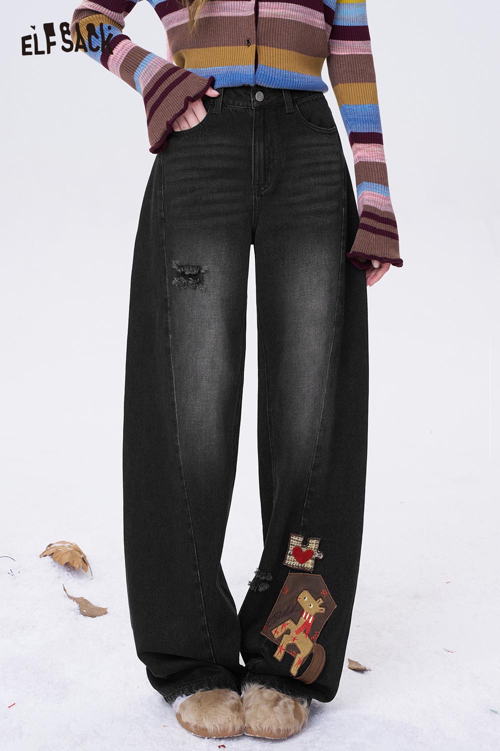 ELFSACK deer patchwork wide leg jeans featuring a relaxed fit and unique deer embroidery for a stylish look