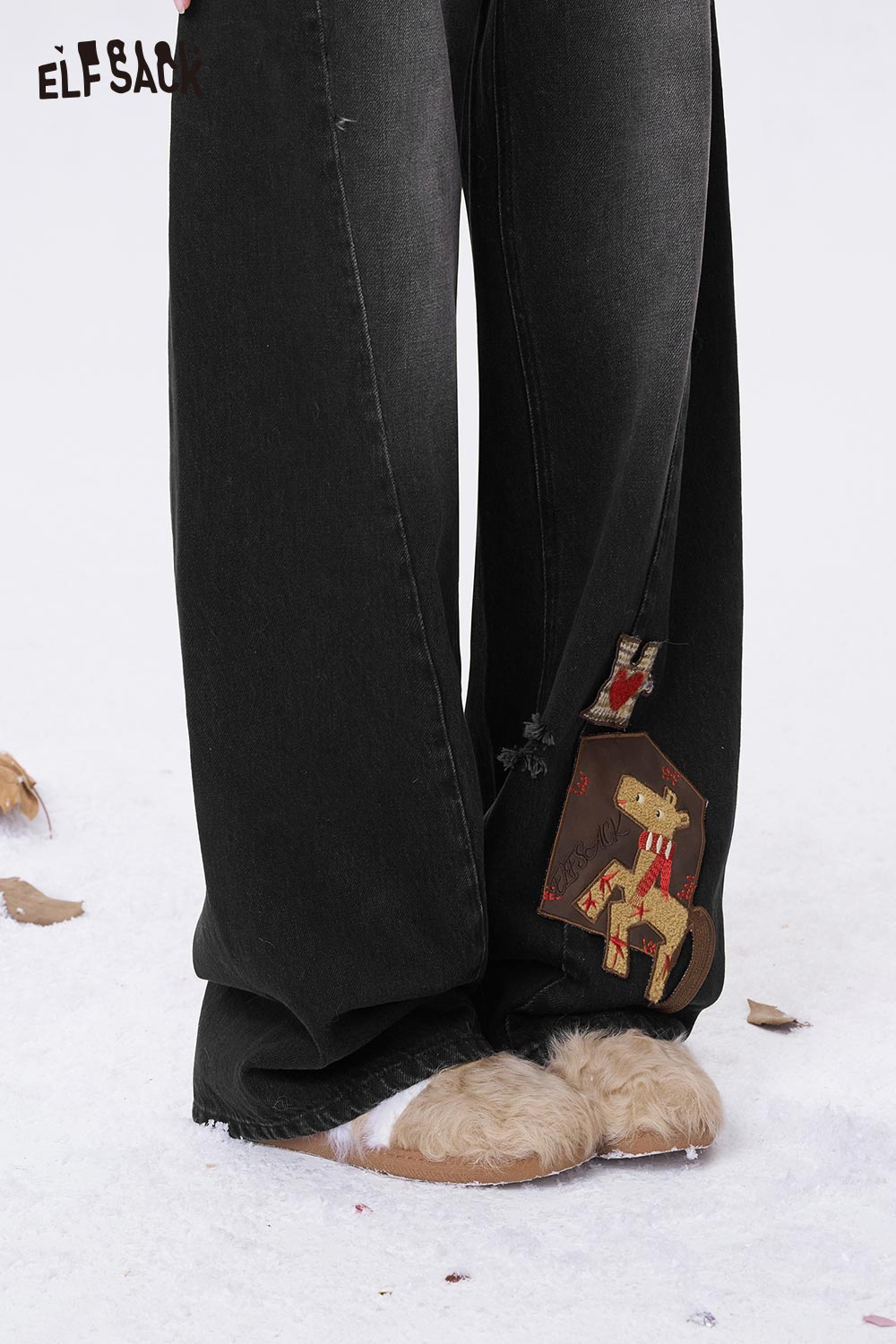 ELFSACK deer patchwork wide leg jeans featuring playful deer design and relaxed fit