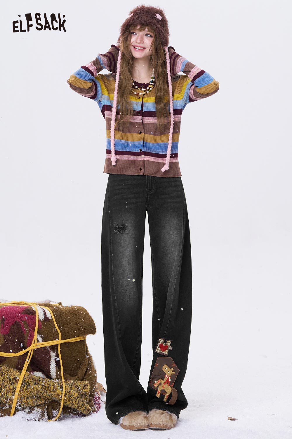 ELFSACK deer patchwork wide leg jeans featuring a unique design and a stylish, relaxed fit