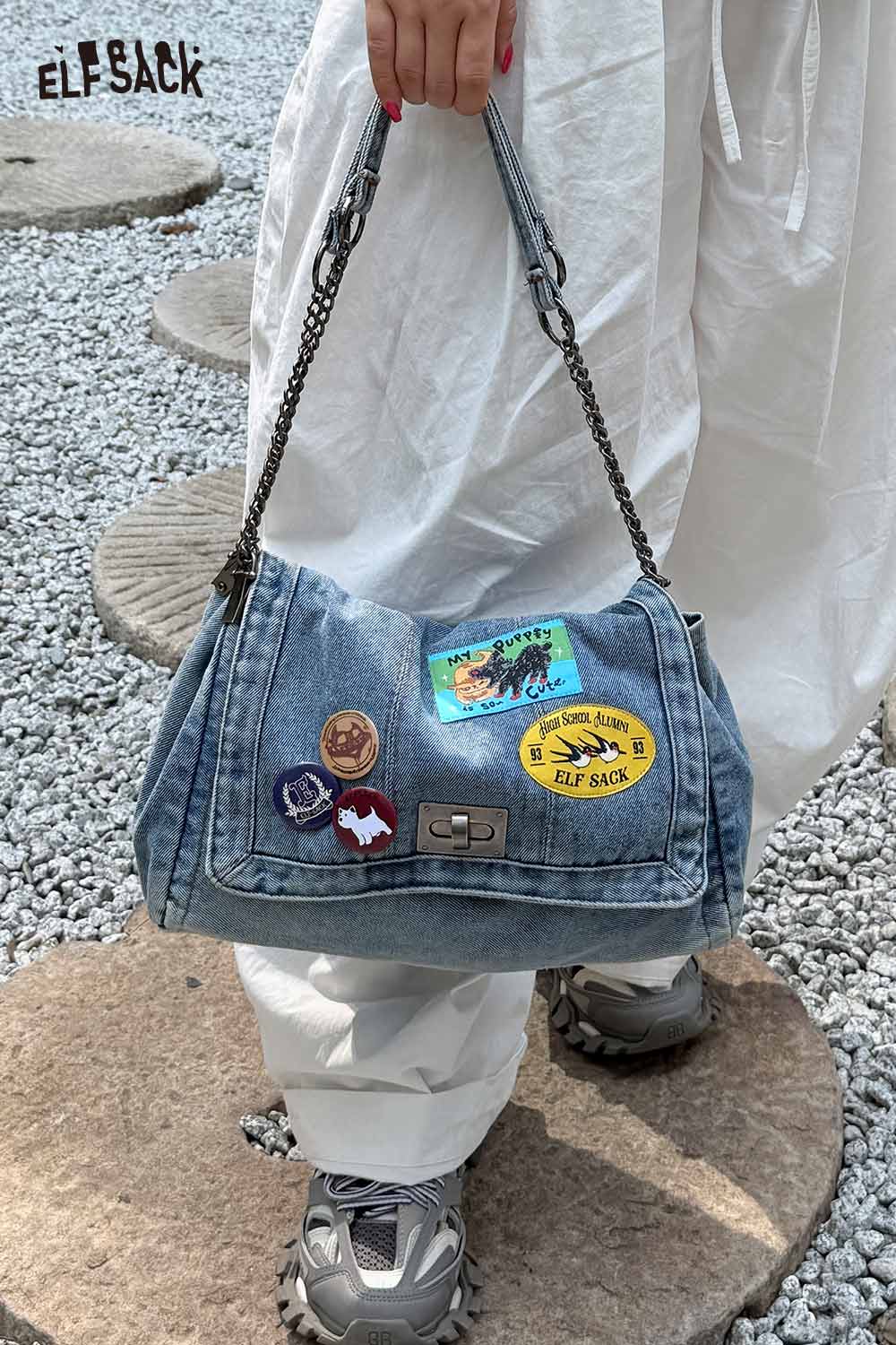 Stylish denim messenger bag for women with trendy patches and a chain strap from ELFSACK