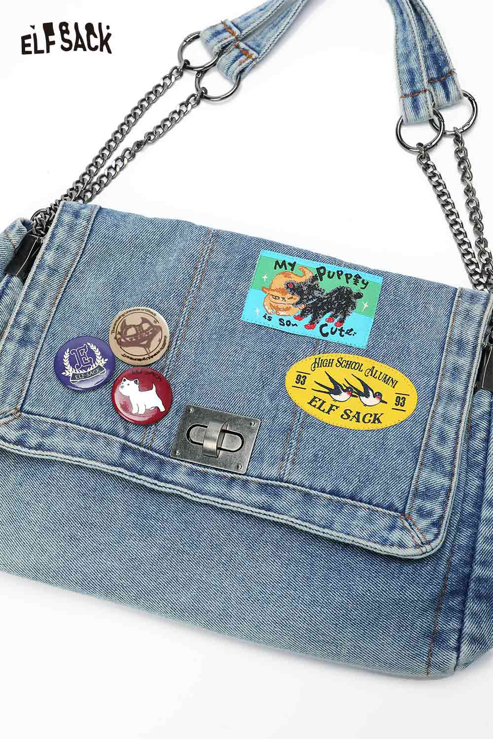 ELFSACK denim messenger bag for women with fun patches and a stylish chain strap