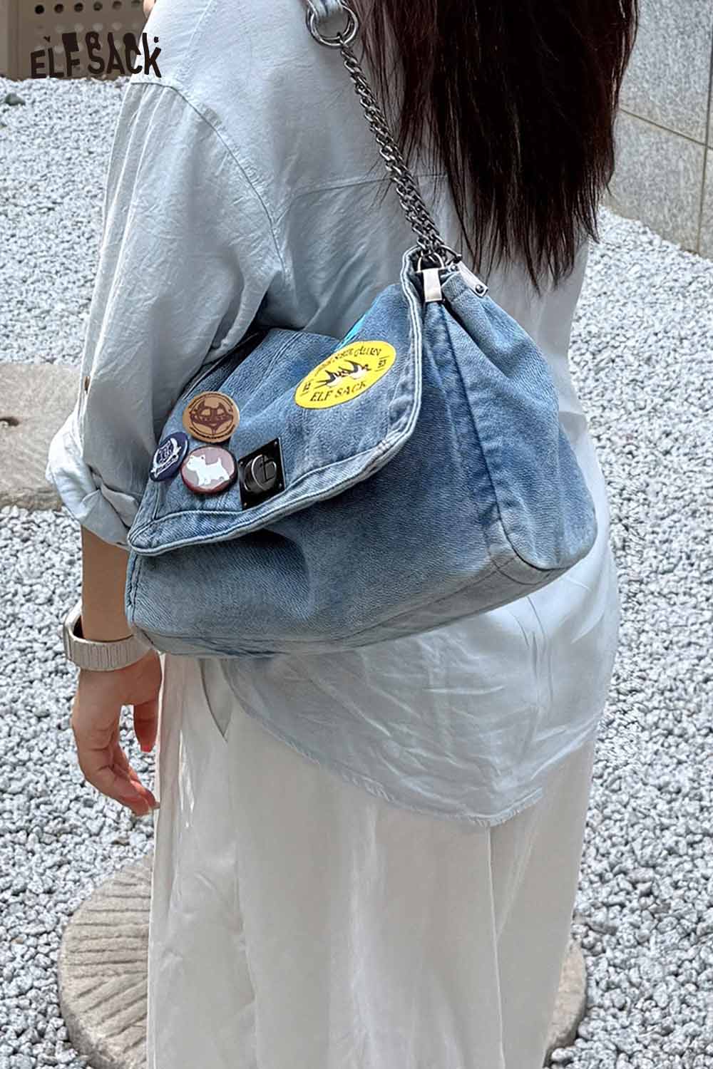 ELFSACK denim messenger bag for women with playful patches and a stylish design