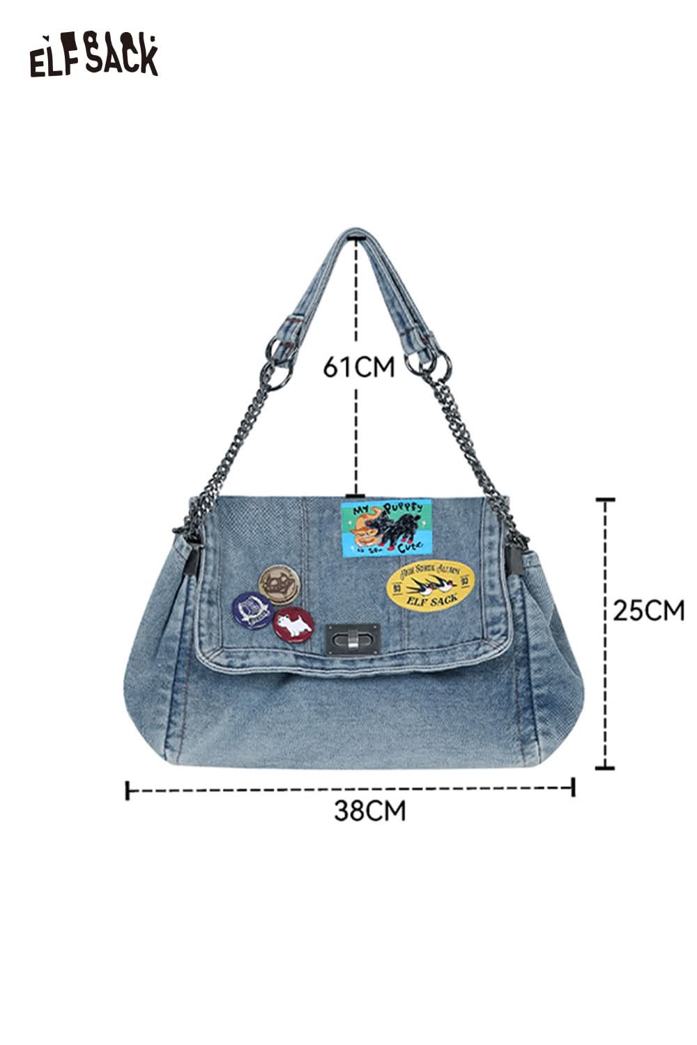 ELFSACK denim messenger bag for women with patches and chain strap, ideal for casual outings