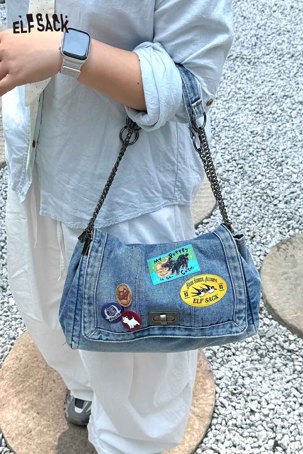 ELFSACK denim messenger bag for women with colorful patches and chain strap