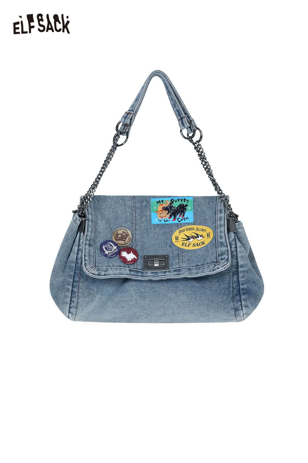 ELFSACK denim messenger bag for women featuring fun patches and a stylish chain strap