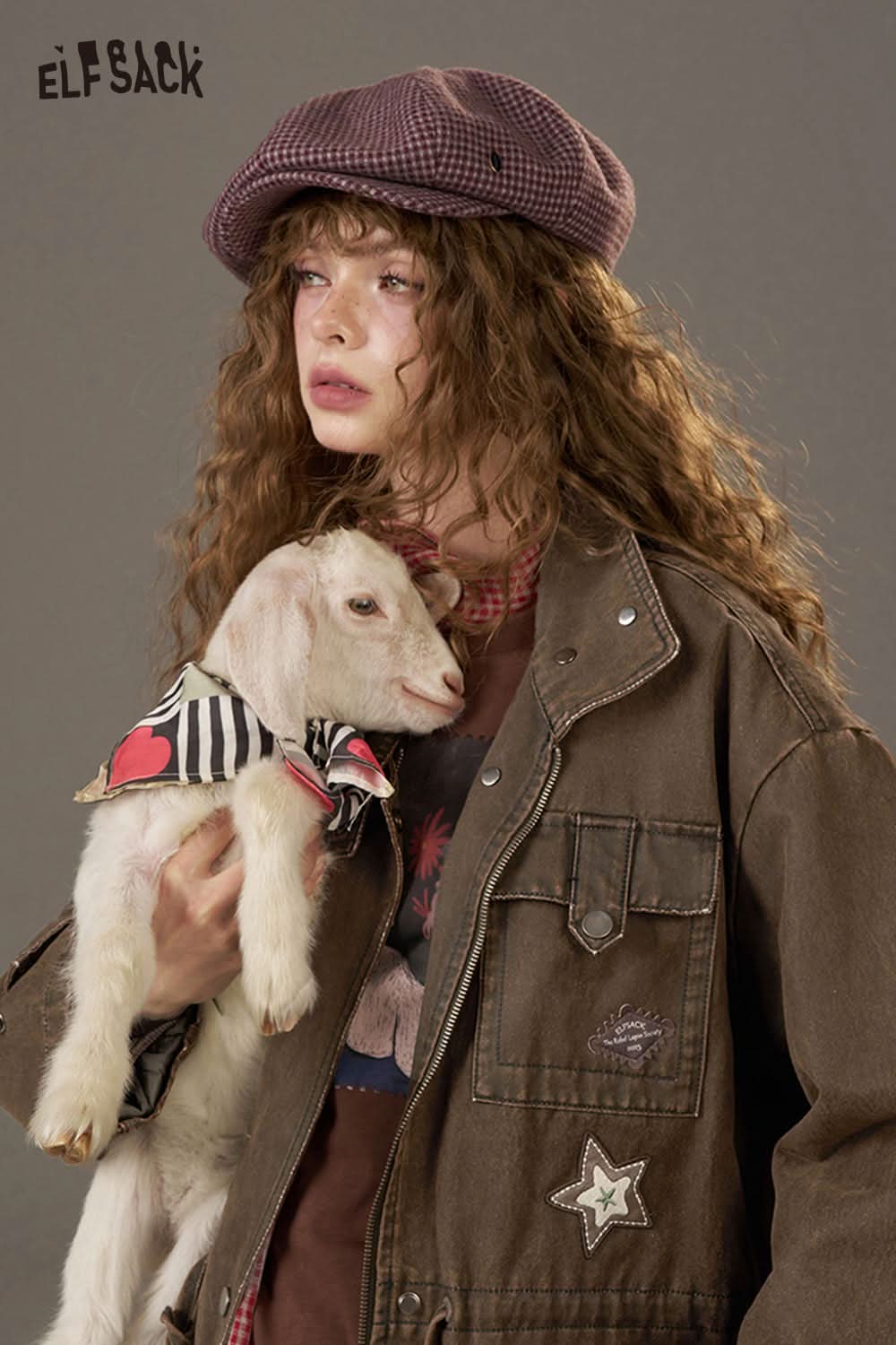 ELFSACK women's loose denim jacket styled with a cute goat and a fashionable hat