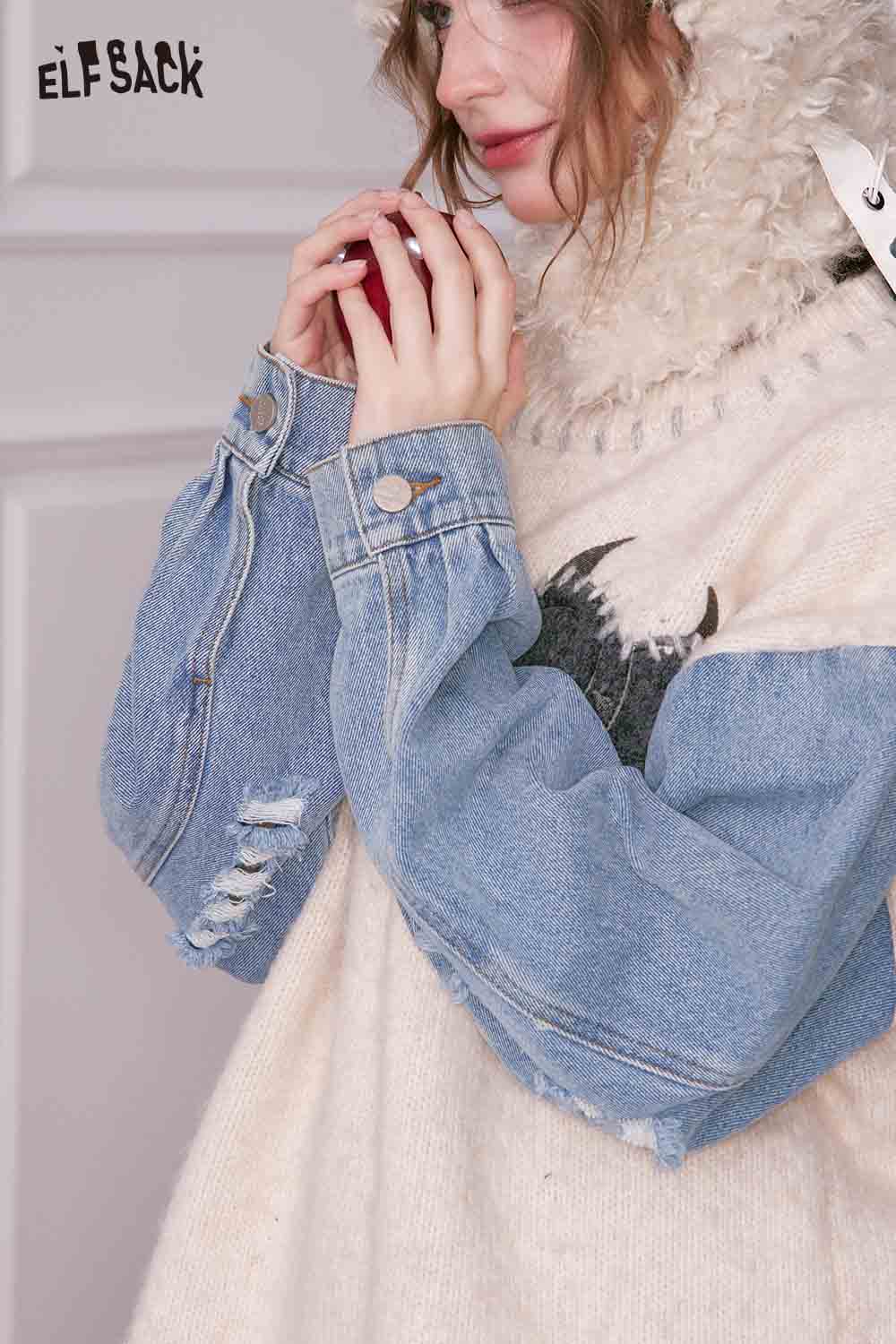 ELFSACK denim patchwork sweater for women featuring unique design and cozy fit