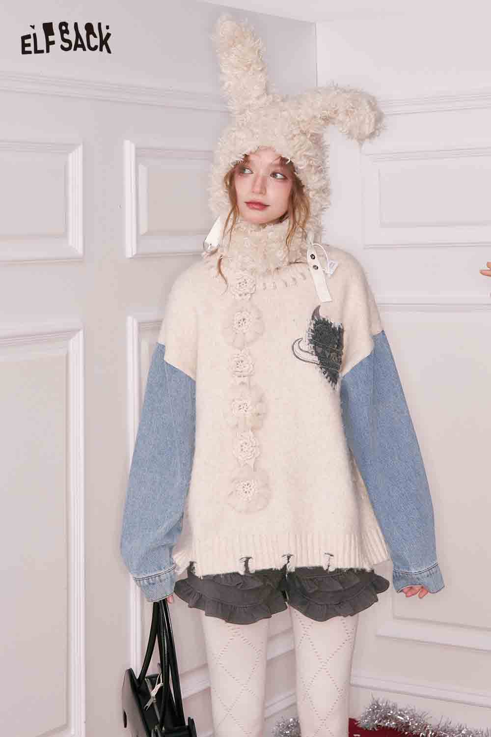 ELFSACK denim patchwork sweater for women featuring a cozy design with bunny hat and playful details