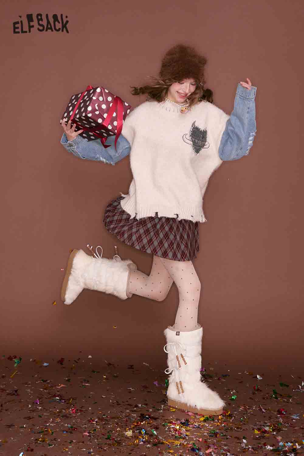 Stylish ELFSACK denim patchwork sweater for women with a unique design and cozy fit