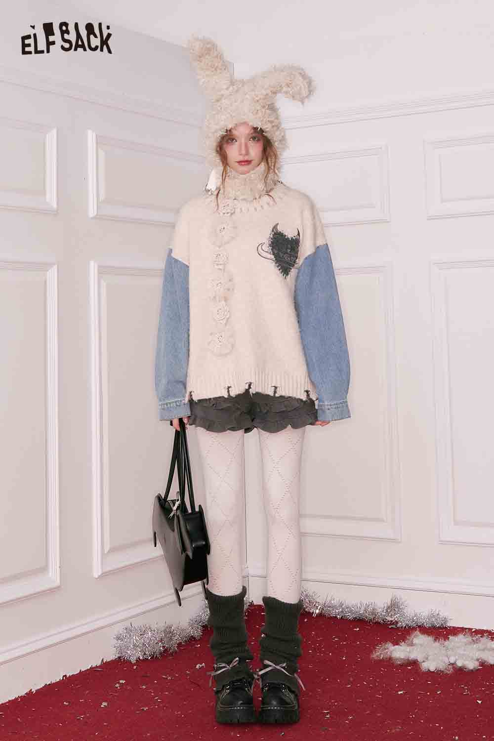 ELFSACK denim patchwork sweater for women with fluffy rabbit hat and stylish winter outfit