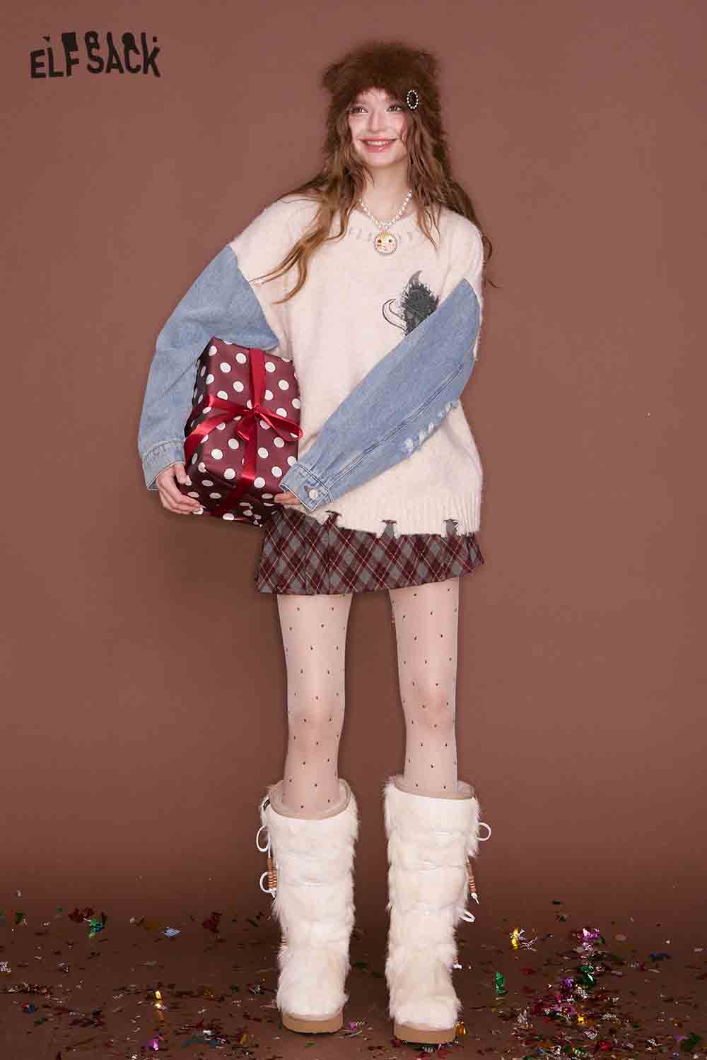 ELFSACK denim patchwork sweater for women featuring unique design with mixed fabric textures