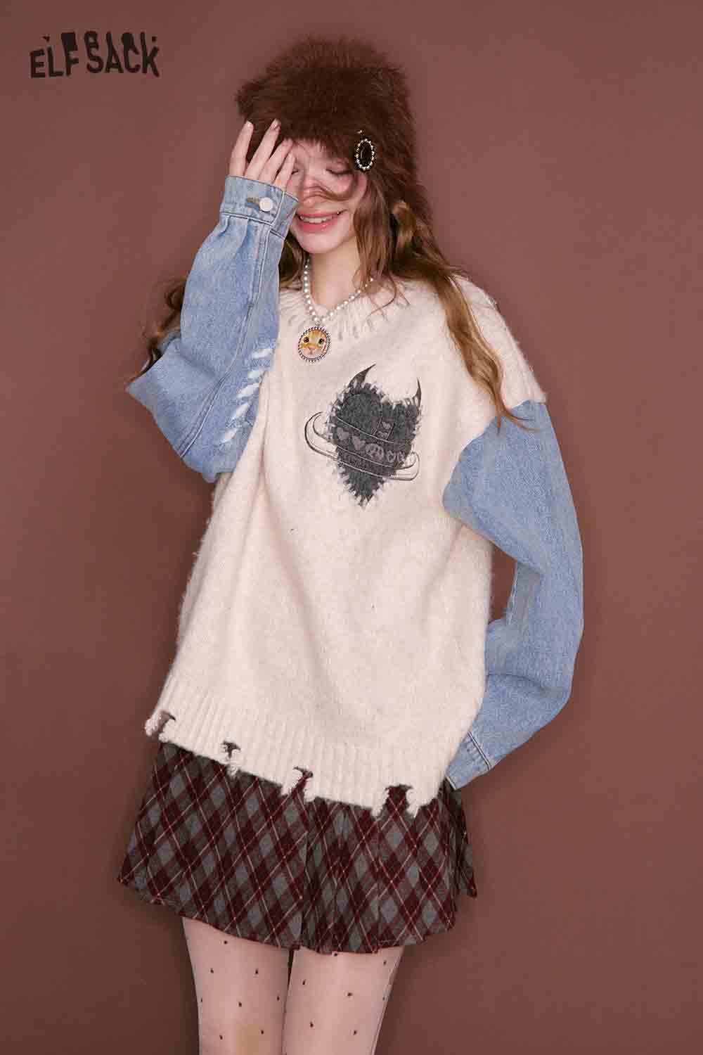 ELFSACK denim patchwork sweater for women with cozy knit and denim sleeves for a trendy look
