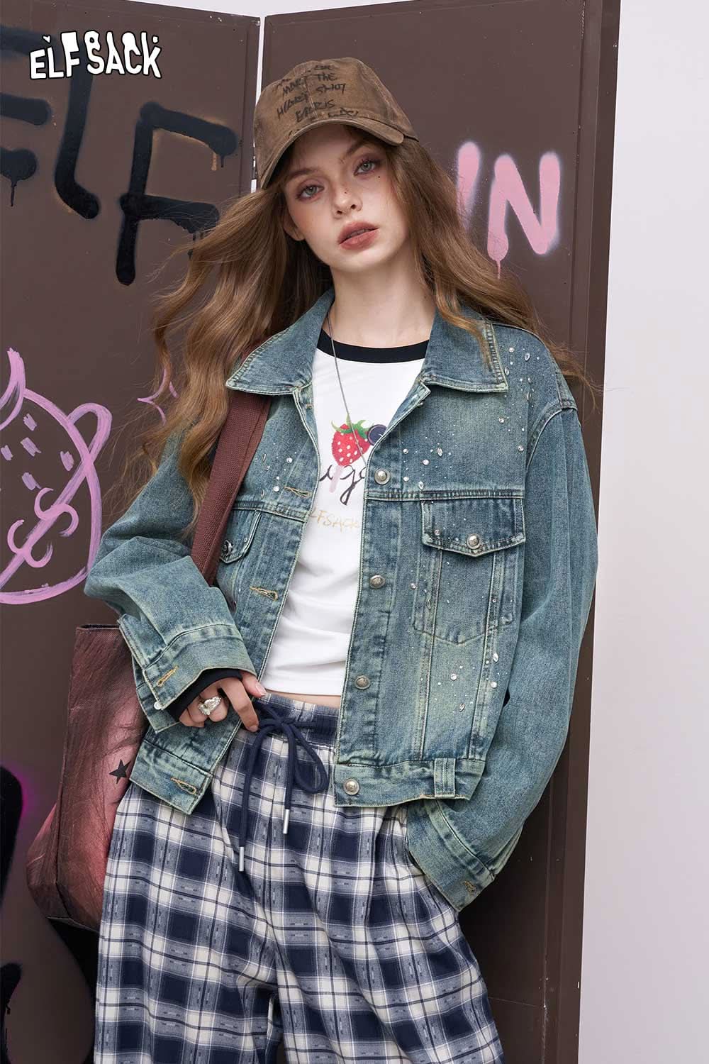 ELFSACK women's diamond embellished denim jacket on model with plaid pants and baseball cap