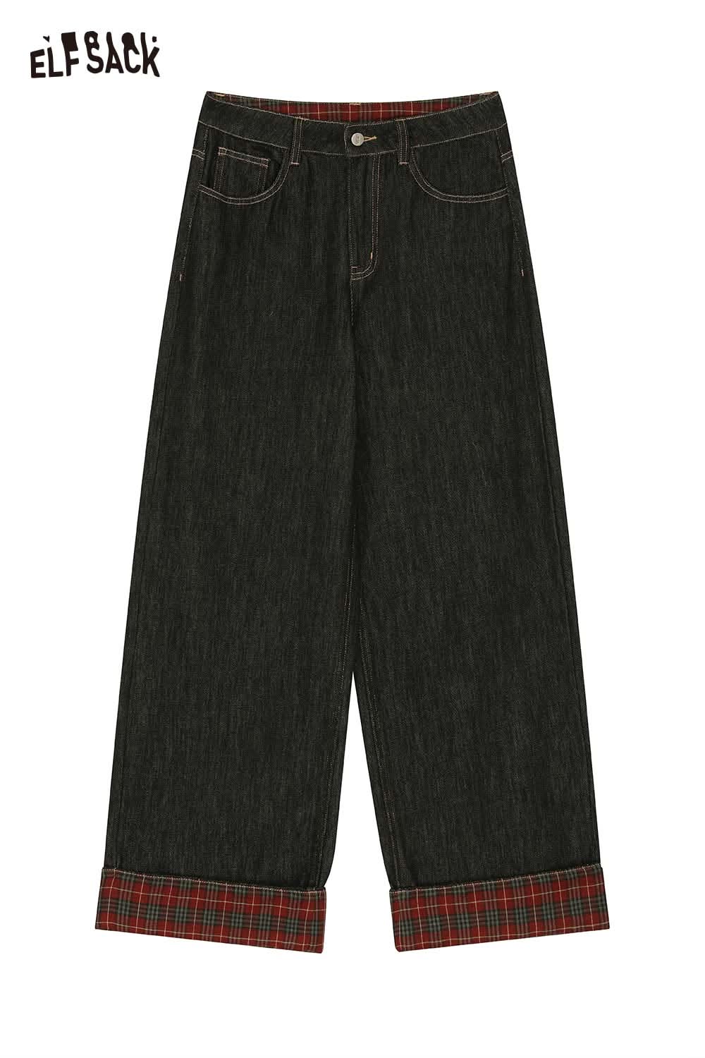 ELFSACK women's denim splicing pants featuring a relaxed fit with plaid cuffs for a trendy look