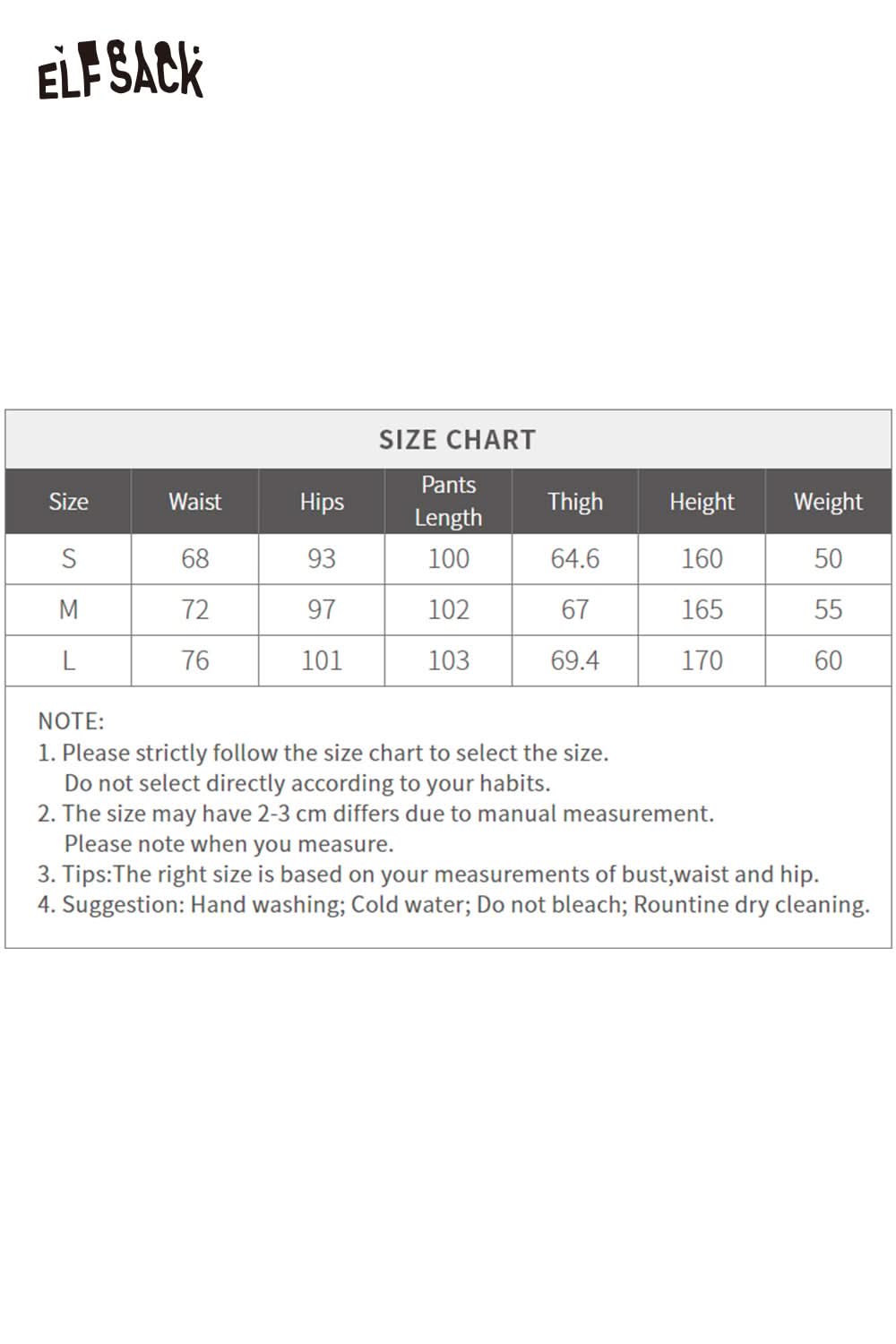 ELFSACK women's denim splicing pants size chart with measurements for waist, hips, and thigh