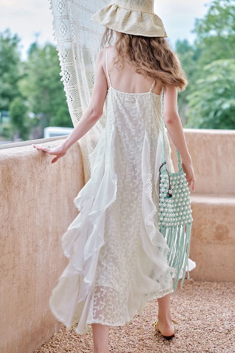 ELFSACK White Lace Vacation Style Halter Dress