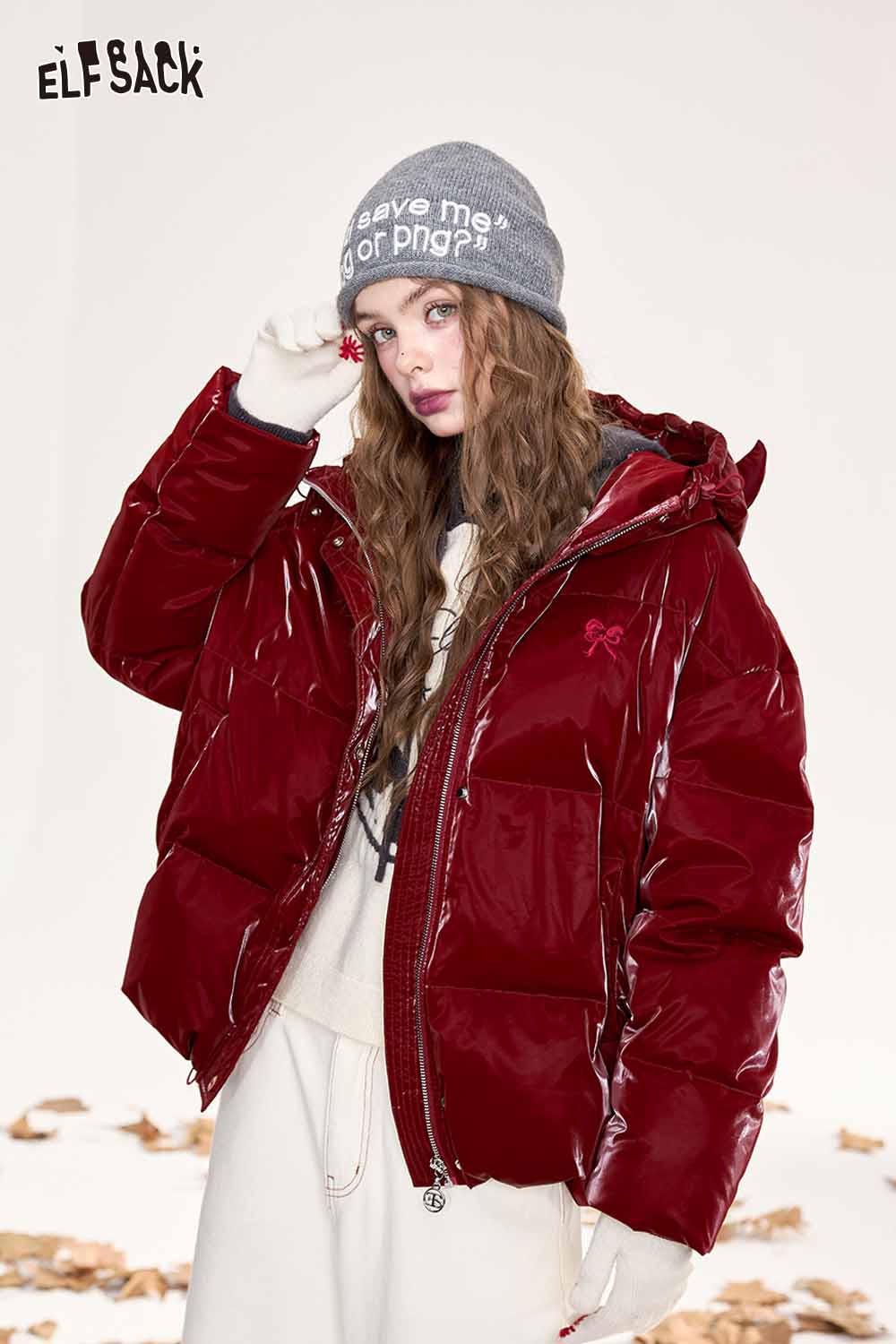 ELFSACK devil horn faux leather down jacket in red with a stylish hood and oversized fit