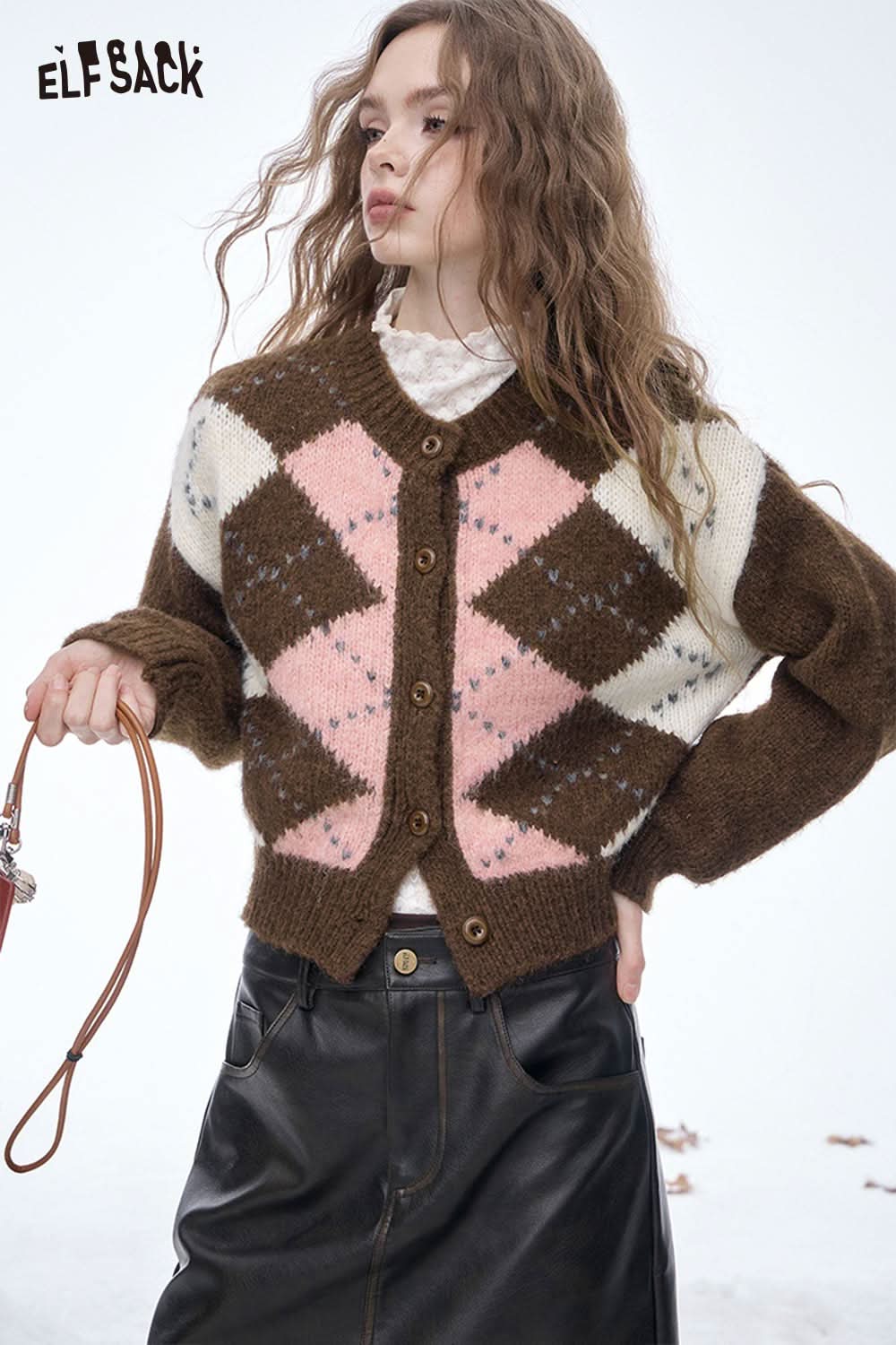 ELFSACK diamond graphic cropped sweater in brown, pink, and cream with button front and stylish design