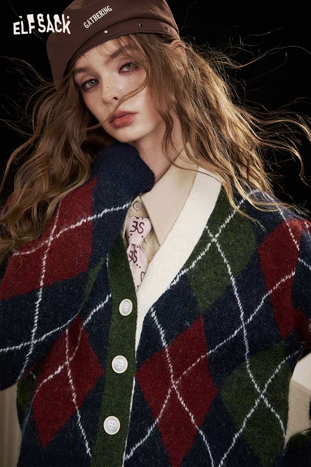 ELFSACK diamond pattern v neck sweater in multicolor with button closure and stylish design